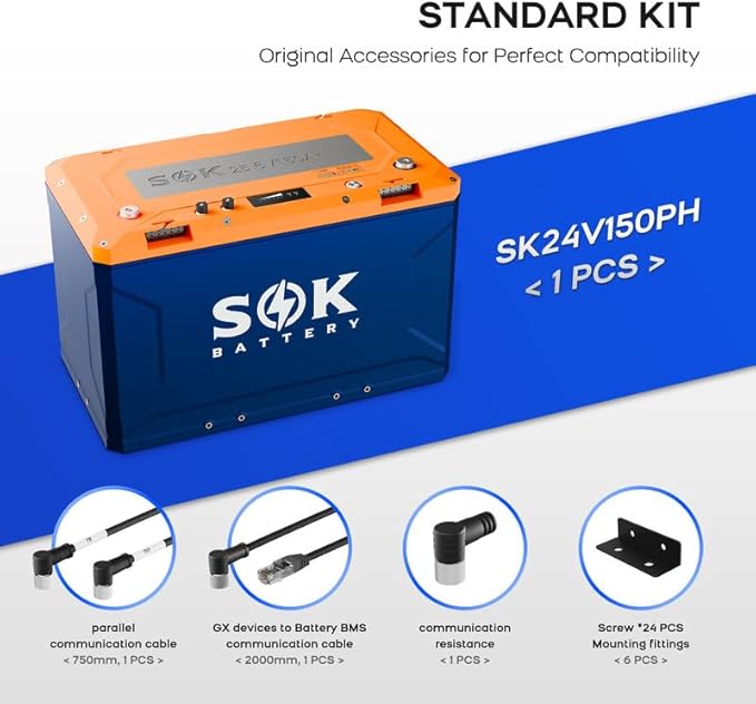SOK Battery 24V 150Ah Deep Cycle LiFePO4 Battery 8000+ Cycles with Built-in Heater (-4℉/-20℃), Marine Grade IP67 | Bluetooth CAN Communication for Home Backup RV Off-Grid Solar Marine Boat