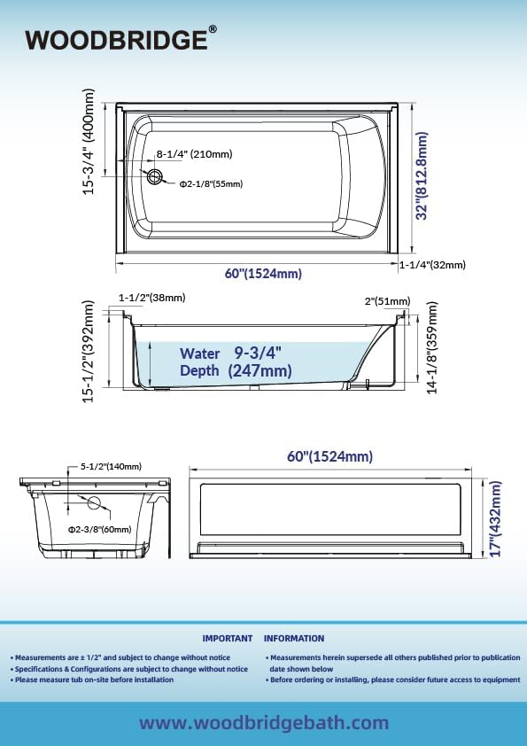 WOODBRIDGE 60” x 32” Alcove Soaking Bathtub in white with Left-Hand Drain Hole