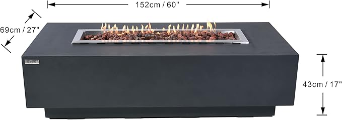 Granville Concrete Fire Pit 60" x 27" Outdoor Patio Firepit Includes Lava Rocks Modern Fire Pits & Outdoor Fireplaces for Garden, Deck, Indoor & Outdoor Heating