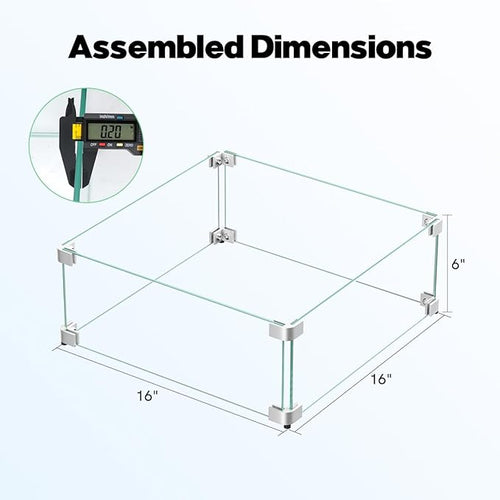 16" x 16" x 6" Glass Wind Guard for Propane Gas Fire Pit Table, Square Thick Tempered Glass Shield, Firepit Glass Barrier with Aluminum Corner Bracket & Rubber Feet
