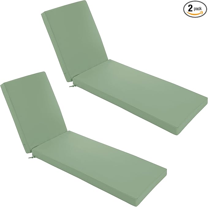 Chaise Lounge Cushions Outdoor Set of 2 - Waterproof and Fade Resistant Sun Lounger Replacement Cushions - Patio Lounger Pads with Removable Cover for Pool, Deck, 72 x 21 x 3 Inch, Sage Green