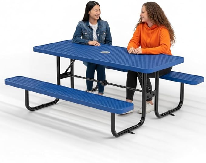 Commercial Heavy-Duty Metal Picnic Table - ADA Compliant, Adjustable Seats, Umbrella Hole (Blue, 6' Rectangular, Punched Steel)