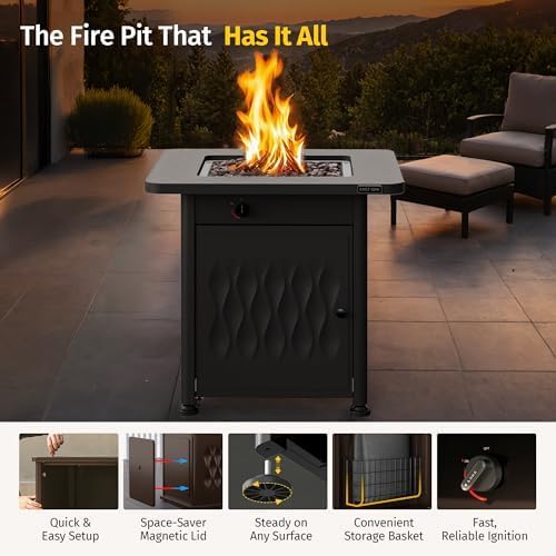 East Oak 28" Outdoor Fire Pit Table | 52,000 BTU Fire Pit Table for Outside with Magnetic Lid | Storage Basket & Lava Rocks | CSA Certified for Patio, Backyard & Garden | Black
