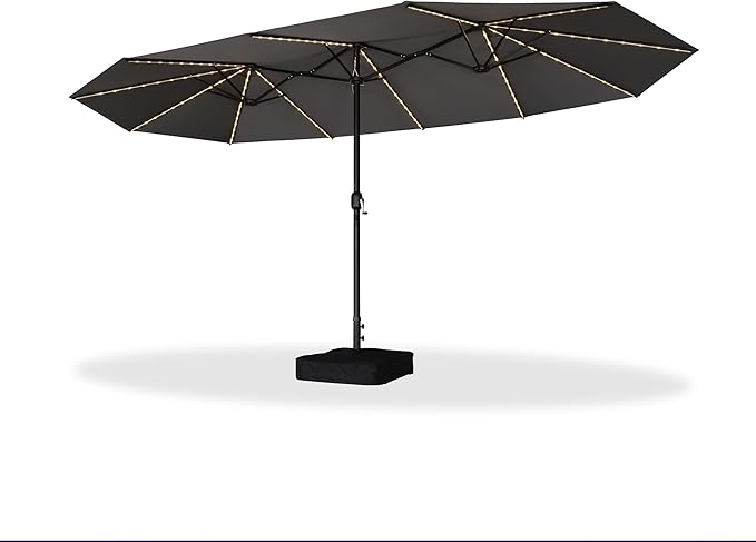 PURPLE LEAF 15ft Patio Market Umbrella with Solar LED and Base Double-Sided Rectangle Outdoor Table Sun Umbrellas with Crank for Pool Beach Deck Backyard Light Gray