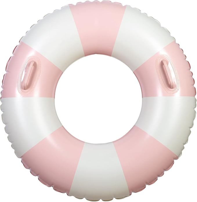 Large Swim Ring with Handles for Kids Adults, 35 Inch Classic Striped Pool Inner Tubes, Inflatable Pool Floats, Float Naked, Pool Floaties Adult Size for Summer Pool Party Beach Pink 1