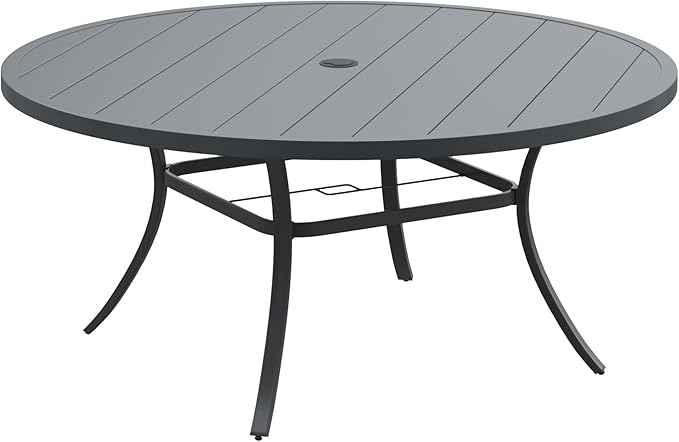 DIFY 60" Round Outdoor Patio Dining Table for 8-10, Metal Patio Table with 1.57" Adjustable Umbrella Hole, All-Weather Dining Furniture Table for Backyard Lawn Garden, Grey