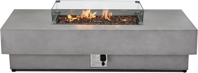 60" Rectangular Propane Fire Pit – 50,000 BTU Concrete Fire Pit with Glass Wind Guard – Backyard Firepits Outdoor – Gas Fireplace for Deck or Patio