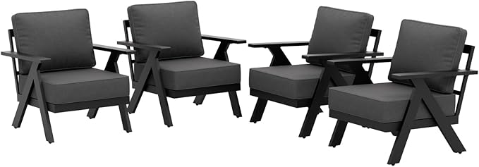 Urban Anvil 4 Pieces Patio Furniture Outdoor Metal Armchairs, All-Weather Patio Accent Chairs with Cushions for Balcony, Porch, Deck, Black/Gray