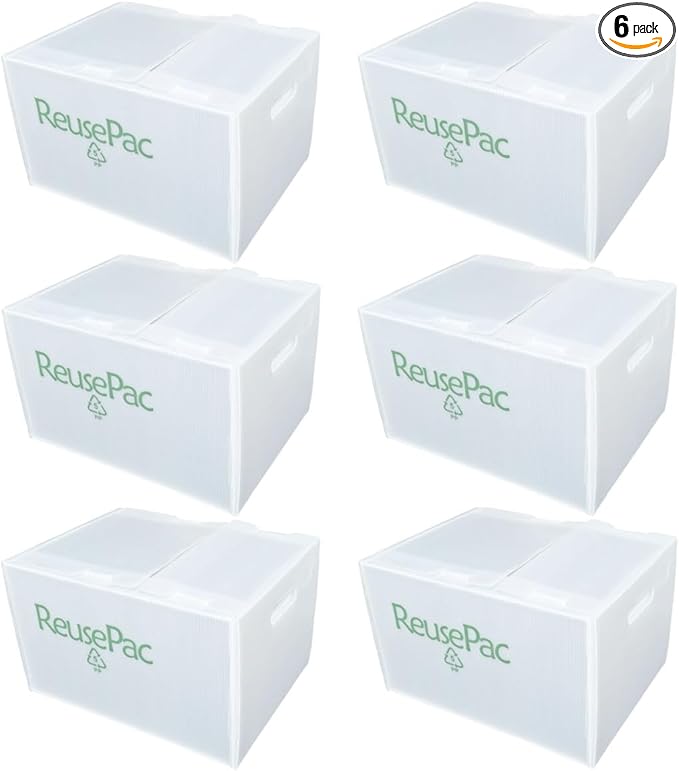 Foldable Box Corrugated PP Lightweight, Storage Moving Mailing, Heavy Duty Stackable, Tape Free Self-Locking Lid, Handles for Business Home (6 Pack oWhite 16x12x10 in)