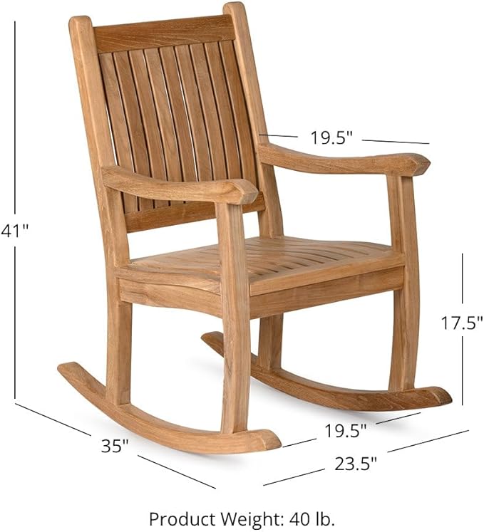 TITAN GREAT OUTDOORS Ash & Ember Cascade Grade A Teak Rocking Chair, Weather Resistant Premium Wood Outdoor Furniture Rocking Chair with Intricate Back Support, Armrests, Sloped Runners