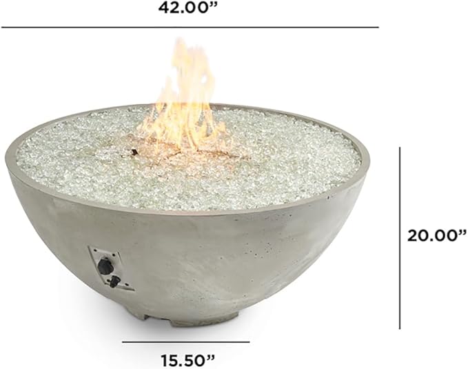 Outdoor GreatRoom Co Propane Fire Pit Table - Cove Gas Fire Pits for Outside Patio - 42 Inch Round Edge Bowl Concrete Firepit Fire Table, Glass Tabletop Cover, Clear Glass Gems, 105,000 BTU - White