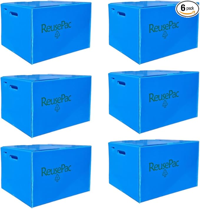 Reusable Foldable Box Corrugated PP Lightweight, Storage Moving Mailing, Heavy Duty Stackable, Tape Free Self-Locking Lid, Handles for Business Home (6 Pack Sky Blue 18x14x12 in)