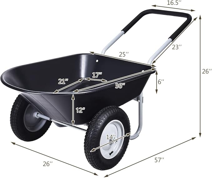 Goplus Dual Wheel Wheelbarrow, Heavy Duty Garden Cart, 330 lbs Capacity Utility Cart with Two 13 inches Pneumatic Tires for Outdoor Lawn Yard Farm Ranch Black