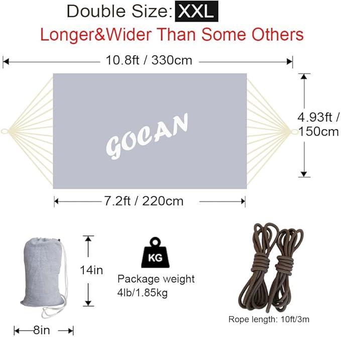 GOCAN Brazilian Double Hammock 2 Person Extra Large 330X150cm Load Capacity 600Pound Canvas Cotton Hammock for Patio Porch Garden Backyard Lounging Outdoor and Indoor XXL(Grey)