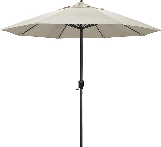 California Umbrella 9' Rd Aluminum Patio Umbrella, Crank Lift, Auto Tilt, Black Finish, Sunbrella Canvas