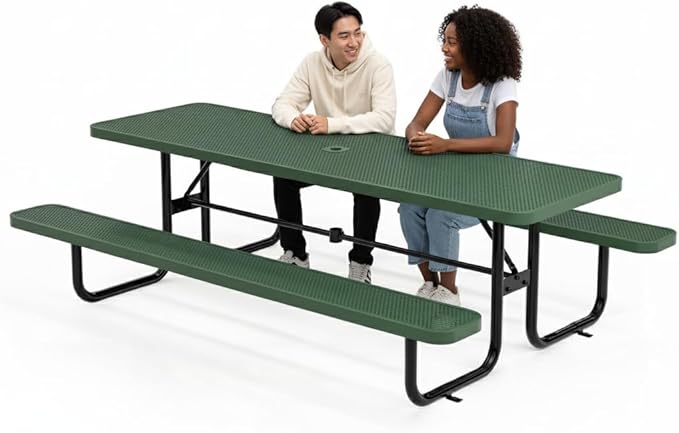 Commercial Heavy-Duty Metal Picnic Table - ADA Compliant, Adjustable Seats, Umbrella Hole (Green, 8' Rectangular, Punched Steel)