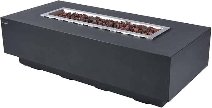 Granville Concrete Fire Pit 60" x 27" Outdoor Patio Firepit Includes Lava Rocks Modern Fire Pits & Outdoor Fireplaces for Garden, Deck, Indoor & Outdoor Heating