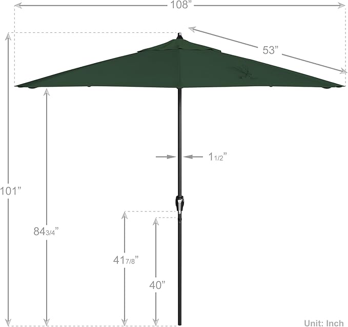 California Umbrella 9' Rd Aluminum Patio Umbrella, Crank Lift, Auto Tilt, Black Finish, Sunbrella Forest Green