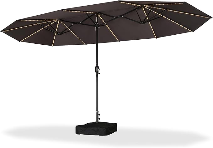 PURPLE LEAF 14ft Patio Market Umbrella with Solar LED and Base Double-Sided Rectangle Outdoor Table Sun Umbrellas with Crank for Pool Beach Deck Backyard Gray