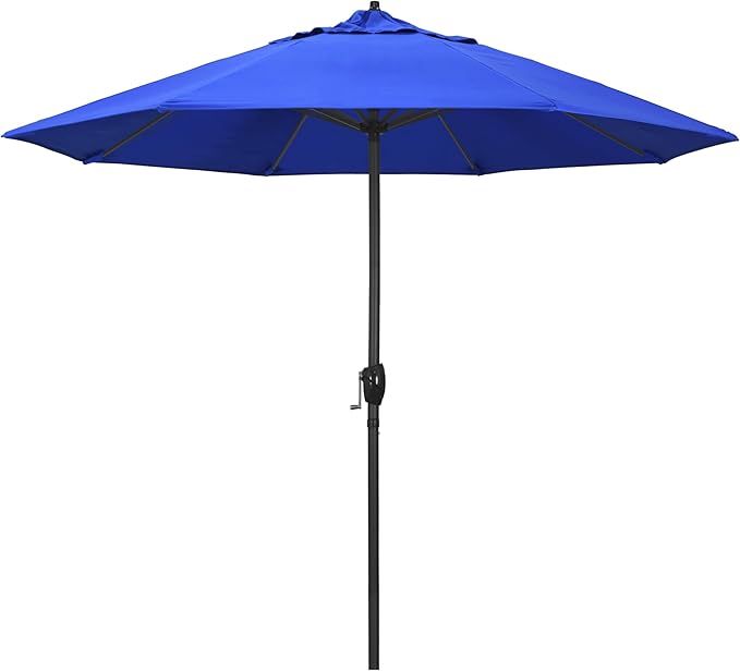 California Umbrella 9' Rd Aluminum Patio Umbrella, Crank Lift, Auto Tilt, Black Finish, Sunbrella Pacific Blue