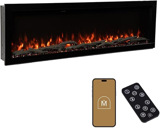 Modern Ember Highmark 60 Inch Smart Linear Electric Fireplace - Premium Flame with 10 Colors, Sleek Hidden Vent Design, Install Recessed in-Wall or Wall-Mount, WiFi Enabled.