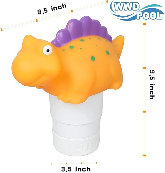 WWD POOL Pool Chlorine Floater, Floating Pool Chlorine Dispenser (Yellow Dinosaur), Fits 1 and 3 Inch Tablets for Large and Small Pools, Spa, Hot Tub
