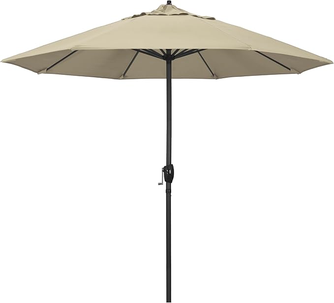 California Umbrella 9' Rd Aluminum Patio Umbrella, Crank Lift, Auto Tilt, Black Finish, Sunbrella Antique Beige