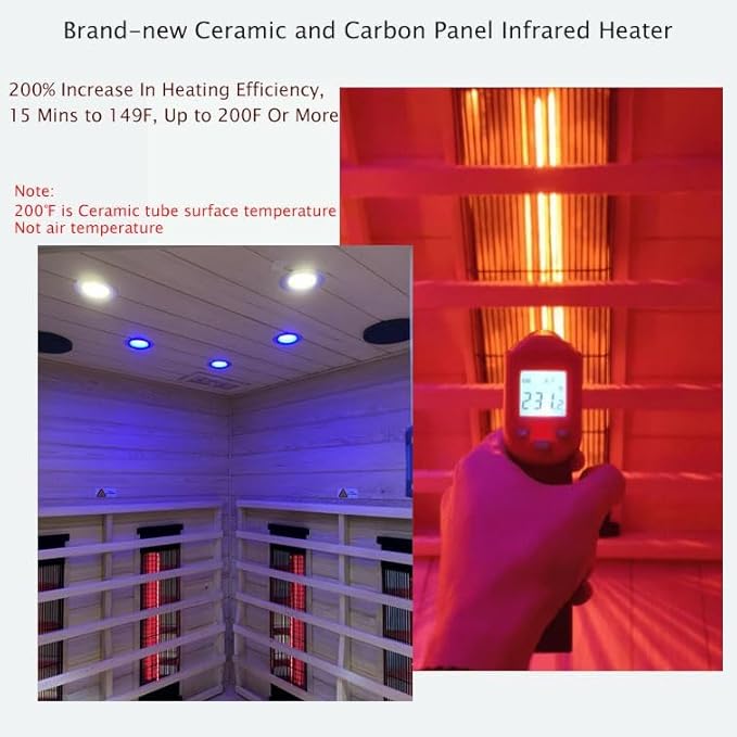 2-3 Person Infrared Saunas for Home, Low EMF Ceramic Infrared Sauna, Indoor Home Sauna Spa, Hemlock Wooden Corner Suana Room, Bluetooth Speakers, Chromotherapy Lights