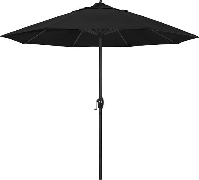California Umbrella 9' Rd Aluminum Patio Umbrella, Crank Lift, Auto Tilt, Black Finish, Sunbrella Black