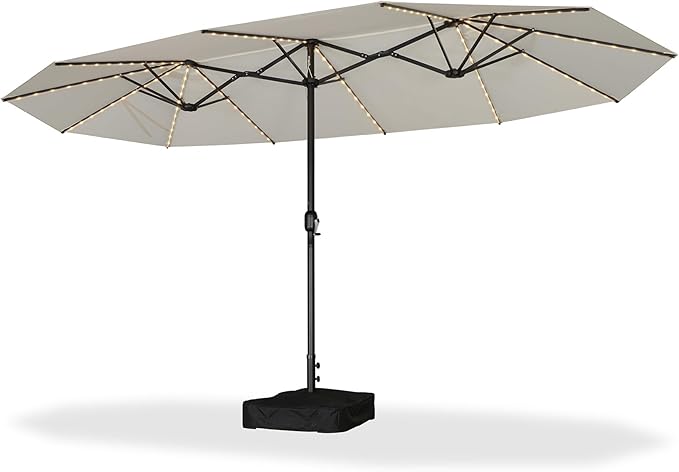 PURPLE LEAF 14ft Patio Market Umbrella with Solar LED and Base Double-Sided Rectangle Outdoor Table Sun Umbrellas with Crank for Pool Beach Deck Backyard Cream