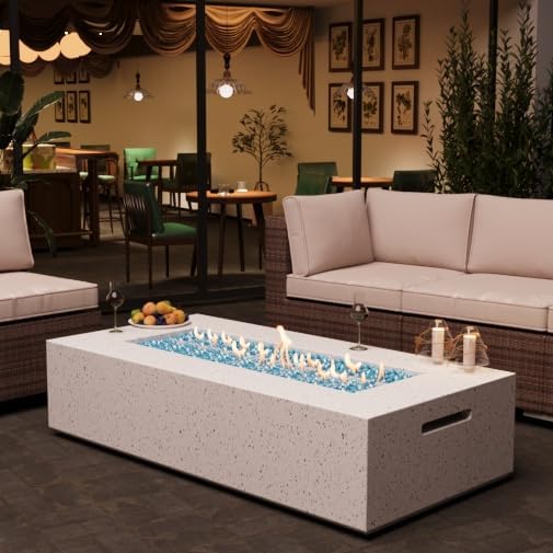 Outdoor Propane Fire Pit Table Set – Premium Terrazzo-Like MgO Finish, Sturdy & Waterproof 56-Inch Gas Fire Table for Patio, Garden & Backyard, Includes Rain Cover & Glass Beads