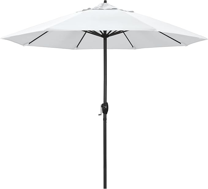 California Umbrella 9' Rd Aluminum Patio Umbrella, Crank Lift, Auto Tilt, Black Finish, Sunbrella Natural