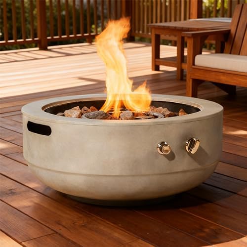 24" Propane Fire Pit, 50000 BTU Round Steel with Durable Concrete Gray Finish, Outdoor Fire Pit Bowl Coffee Table, Smokeless Fire Pits for Outside Patio Deck Garden Backyard, Home Essentials, Grey