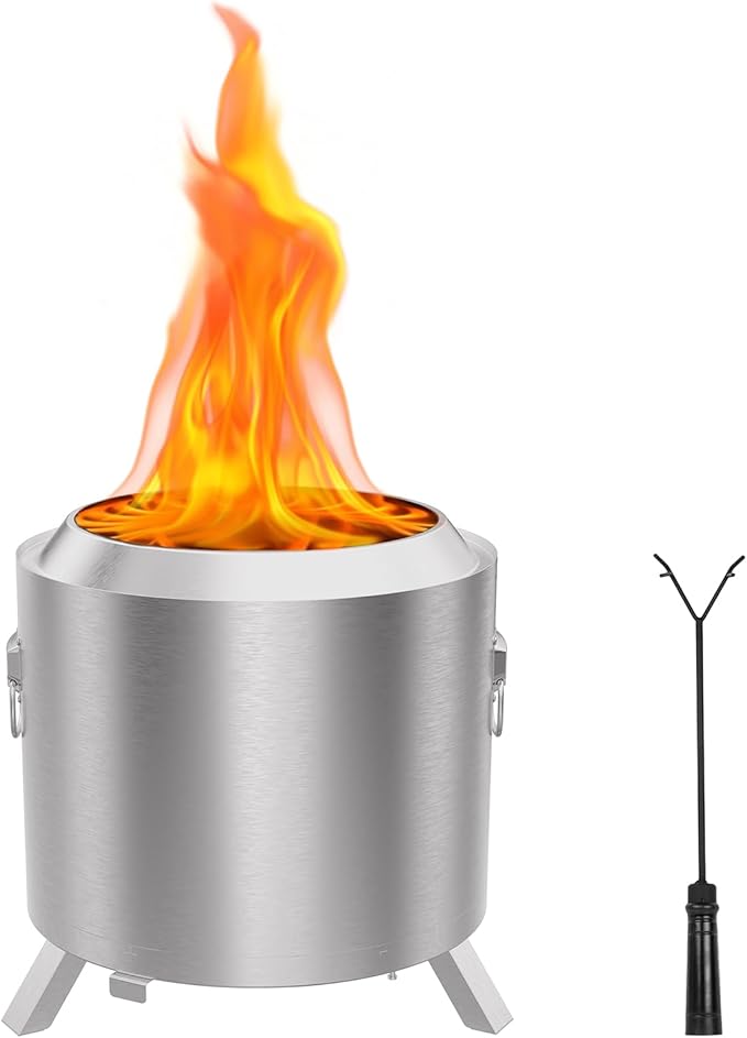 18″ Stove Smokeless Fire Pit with Stand 17.7"*18.1", Outdoor Firepit Wood Burning Design Removable Ash Pan | Stainless Steel Patio Bonfire | Wood & Pellet Fueled – Compact Camping&Patio Heater(Silver)