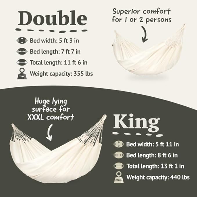 LA Siesta Brisa Classic Hammock with Suspension Tree Straps, Handmade, Weather-Resistant, Tear-Resistant Hammock for Indoor & Outdoor Relaxation, Size-Double - Vanilla