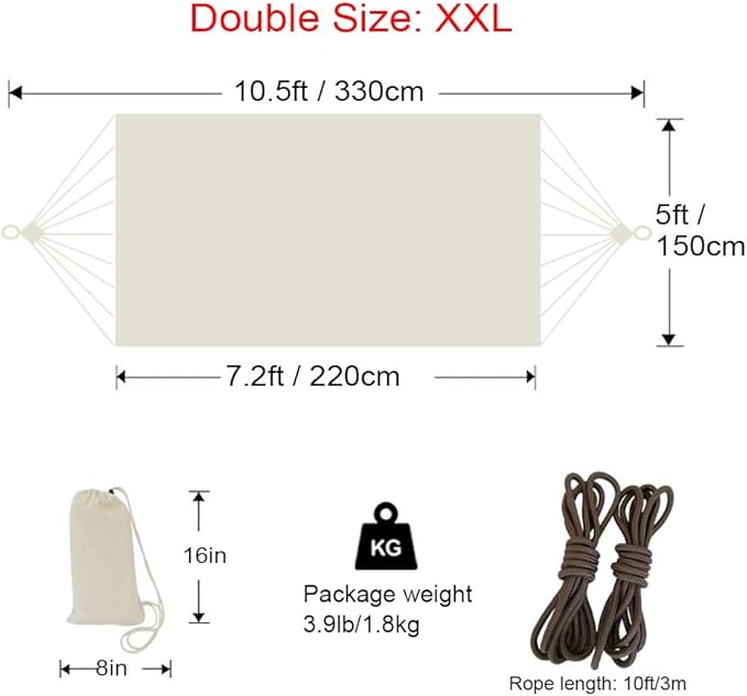 GOCAN Brazilian Double Hammock 2 Person 330X150cm Load 500Pound Cotton Hammock for Patio Porch Garden Backyard Lounging Outdoor and Indoor (Beige)