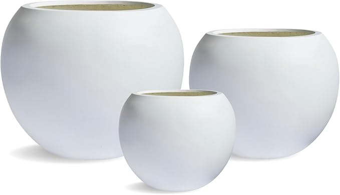 16" H x 20" D Globo Fiberstone Round Planter - Christmas Tree Planter, Smooth Finishes, Weather Resistant for Indoor & Outdoor Use, Included 2 Extra Coco Mats (White, 13.5" Pot Opening)