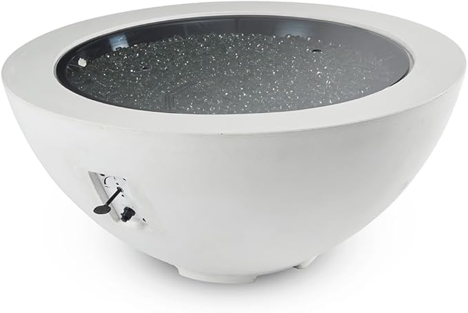 Outdoor GreatRoom Co Propane Fire Pit Table - Cove Gas Fire Pits for Outside Patio - 42 Inch Round Bowl Concrete Firepit Fire Table, Glass Tabletop Cover, Clear Glass Gems, 105,000 BTU - White