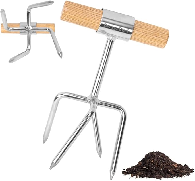 Berry&Bird Twist Tiller - 4 Stainless Steel Tines Hand Tiller for Aerating, Loosening Soil and Removing Weed, Garden Cultivator Tiller with Wooden Handle, Perfect for Raised Beds, Borders & Containers