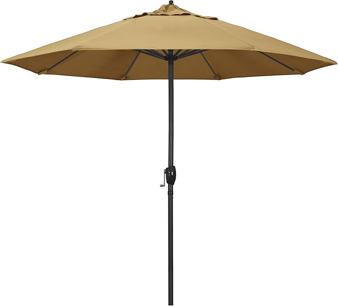California Umbrella 9' Rd Aluminum Patio Umbrella, Crank Lift, Auto Tilt, Black Finish, Sunbrella Wheat