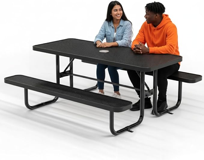 OUTTANS Commercial Heavy-Duty Metal Picnic Table - ADA Compliant, Adjustable Seats, Umbrella Hole (Black, 6' Rectangular, Punched Steel)