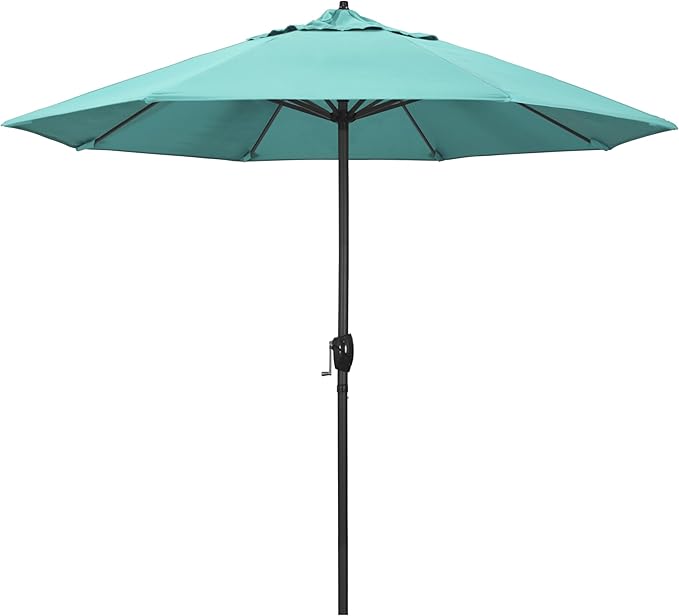 California Umbrella 9' Rd Aluminum Patio Umbrella, Crank Lift, Auto Tilt, Black Finish, Sunbrella Aruba