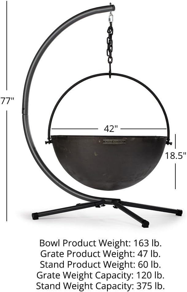 Ash & Ember 42" Cast Iron Cauldron Fire Pit Bowl, Double Hinged Grill Grate with Easy-Lift Handles, Handing Chain and Cauldron Stand, Round Wood Burning Patio Fire Bowl for Backyard Entertainment