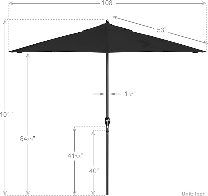 California Umbrella 9' Rd Aluminum Patio Umbrella, Crank Lift, Auto Tilt, Black Finish, Sunbrella Black