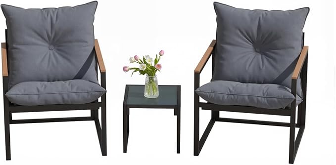 Patio Furniture Set, Outdoor Couch with Glass Coffee Table&Thick Cushion, Wicker Chaise Longue Sofa Set, All-Weather PE Rattan Conversation Set for Garden, Deck, Poolside(3pcs Gray)