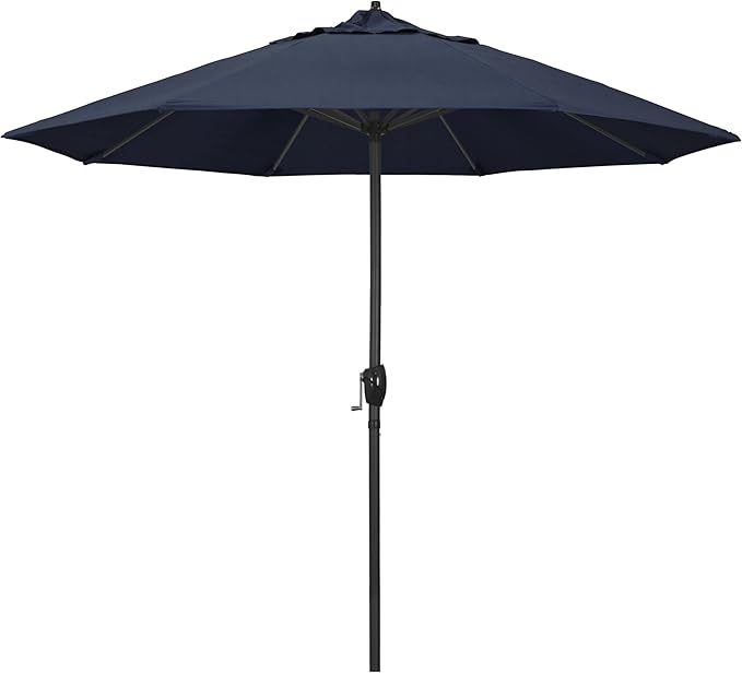 California Umbrella 9' Rd Aluminum Patio Umbrella, Crank Lift, Auto Tilt, Black Finish, Sunbrella Indigo