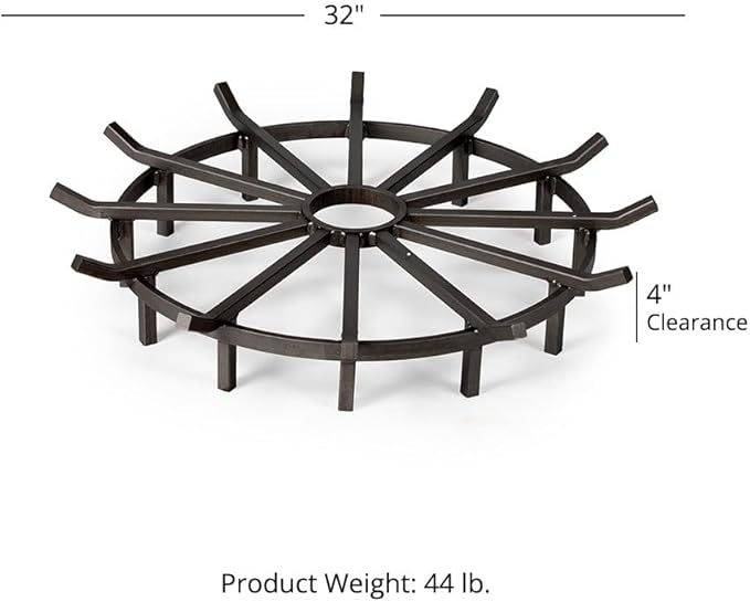 Ash & Ember 32" Wagon Wheel Fire Grate, High-Efficiency Smoke-Free Fireplace Log Grate, Decorative Wood Burning Lifted Grate Pit, Sandblasted Steel with Light Oil Coating
