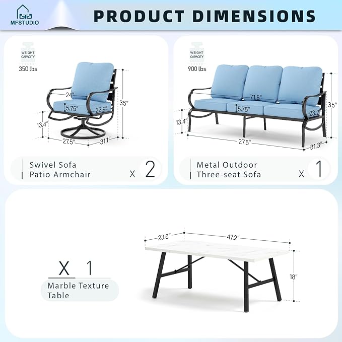 MFSTUDIO 4 Pieces Patio Conversation Sets(5 Seat), Outdoor Metal Furniture Sofa Set with 1 Loveseat(3 Seat), 2 Swivel Chairs, 1 Coffee Table, Steel Frame Patio Sets with Blue Cushion for Garden