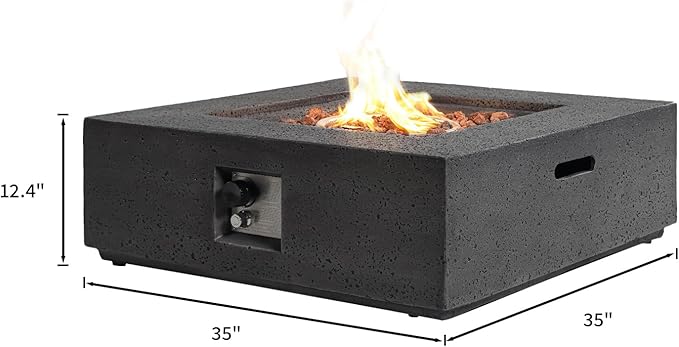 SUNBURY Outdoor Travertine Fire Pit Table, 35 inches Square Propane Gas Patio Fire Pit 50,000 BTU Concrete, Low Firepit Table with Lava Rocks, Waterproof Cover, Grey