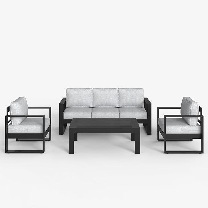 LayinSun 4 Pieces Aluminum Outdoor Patio Furniture Set, Metal Modern Conversation Sofa Set with Coffee Table and Washable Thick Cushions for Porch, Backyard, Deck